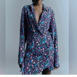 Zara Ditsy Floral Faux Wrap Mini Dress Women's Small Blue Purple